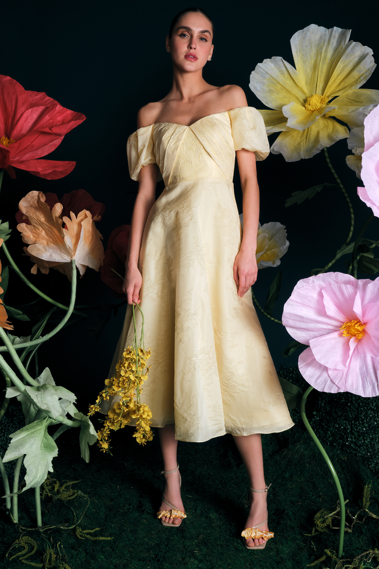 Mel Off Shoulder Dress, Alternate, color, Moon Butter Yellow