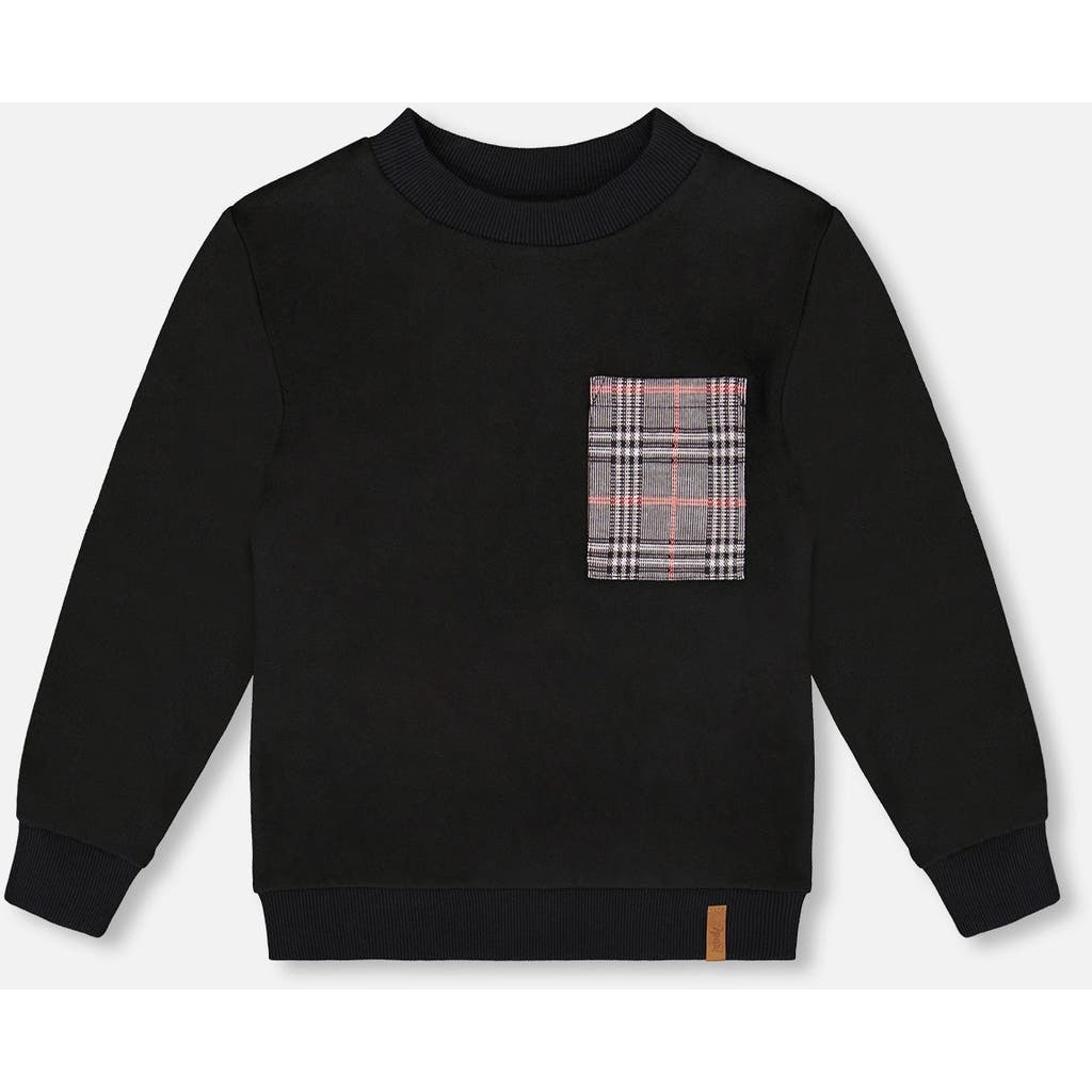 Deux Par Deux Super Soft Brushed Jersey Long Sleeve Top With Plaid Pocket In Black