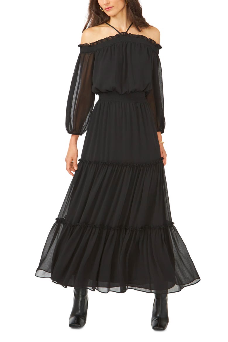 Halter Long Sleeve Maxi Dress, Main, color, RICH BLACK
