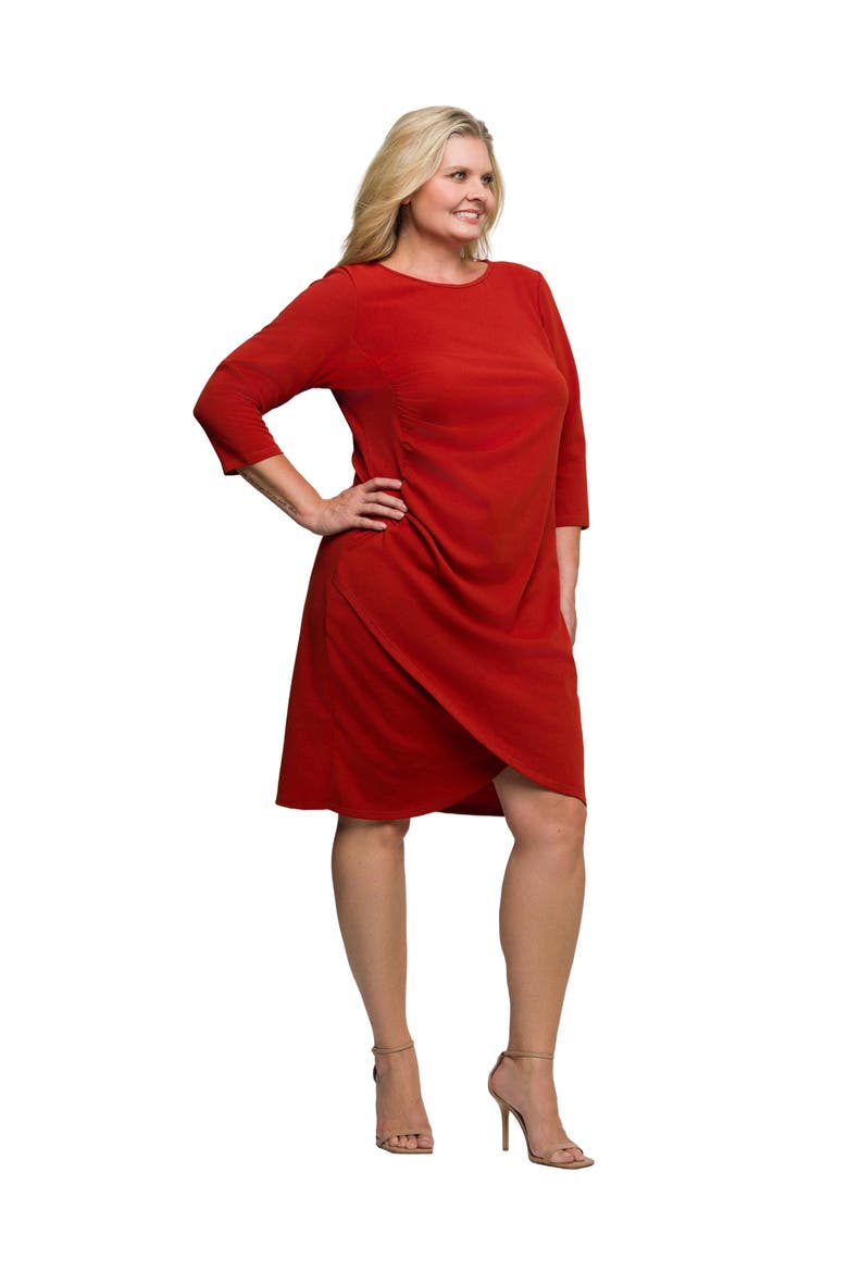 Plus Size Three Quarter Sleeve Ruched Tulip Hem Mini Dress, Alternate, color, Rust