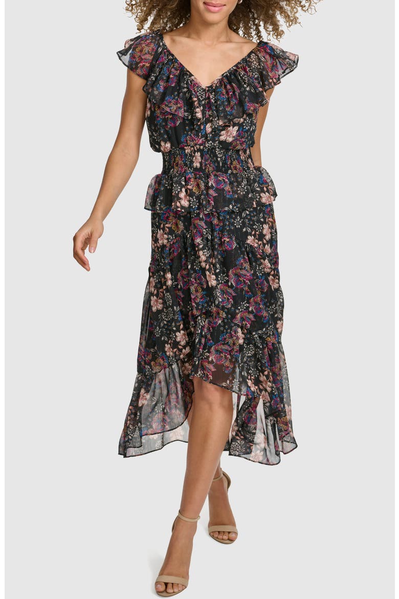 Ruffle High Low Dress, Main, color, BLACK MULTI