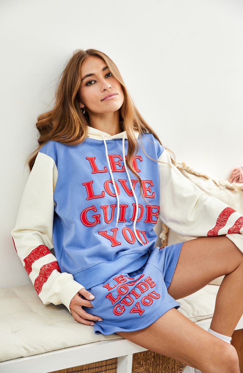 THE MAYFAIR GROUP Let Love Guide You Appliqué Colorblock Cotton Hoodie, Main, color, 
