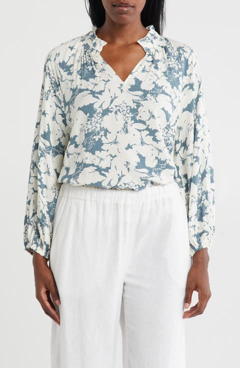 Long Sleeve Smocked Split Neck Top