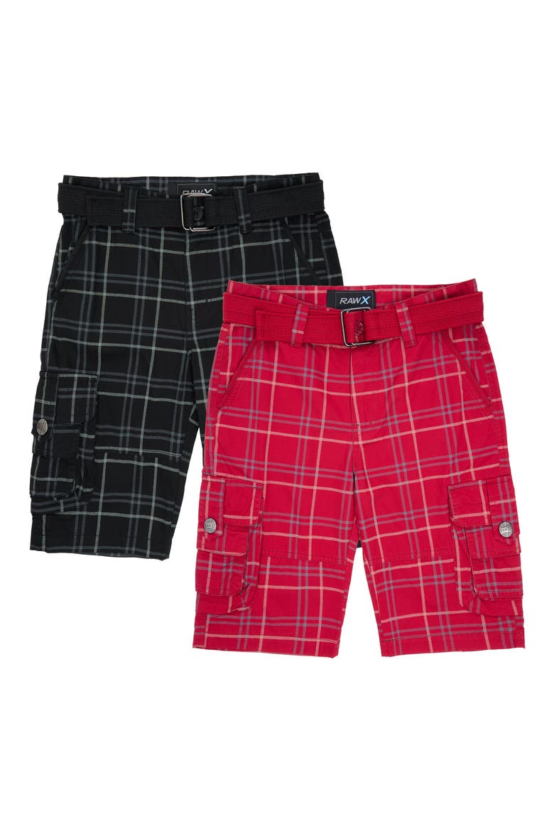 Kids' 2-Pack Belted Twill Cargo Shorts, Main, color, BLACK PLAID/ RED PLAID