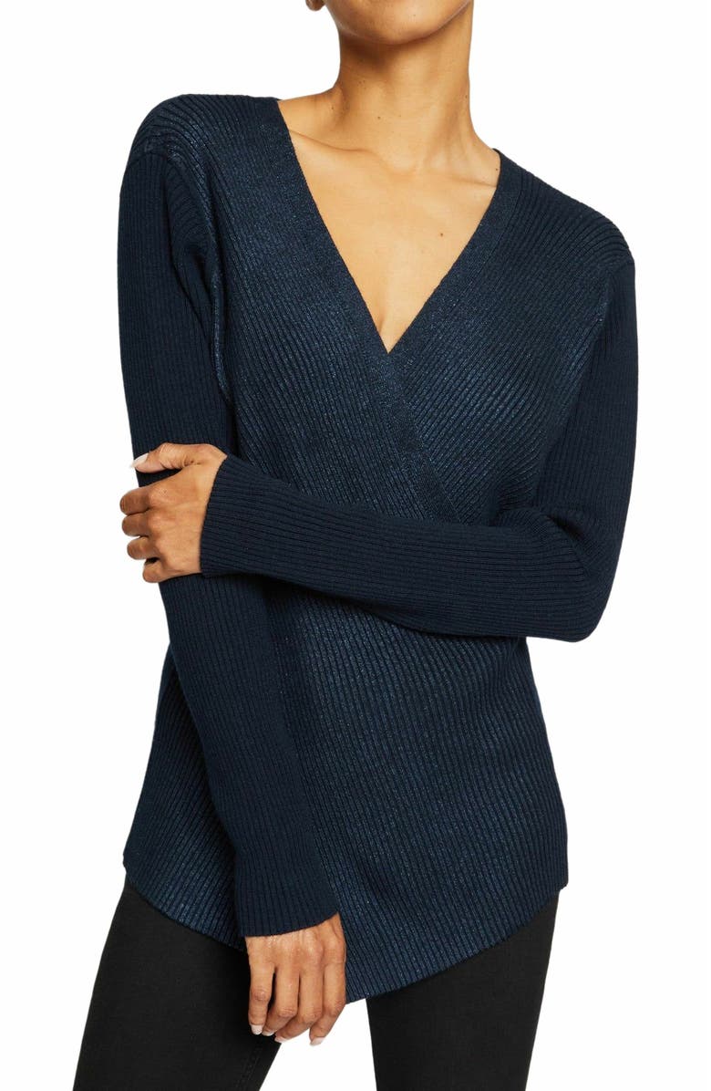 Santorelli STACY Crossover V-Neck Sweater in Coated Wool Blend, Alternate, color, 