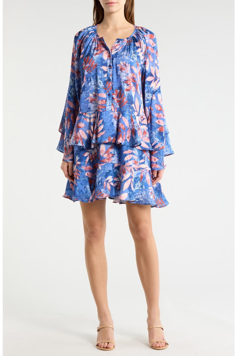 Leaf Print Long Sleeve Dress, Main, color, BLUE/ BLUSH LEAF