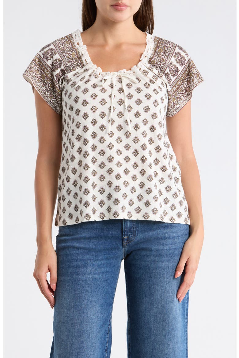 Tie V-Neck Short Sleeve Top, Main, color, CREAM MULTI