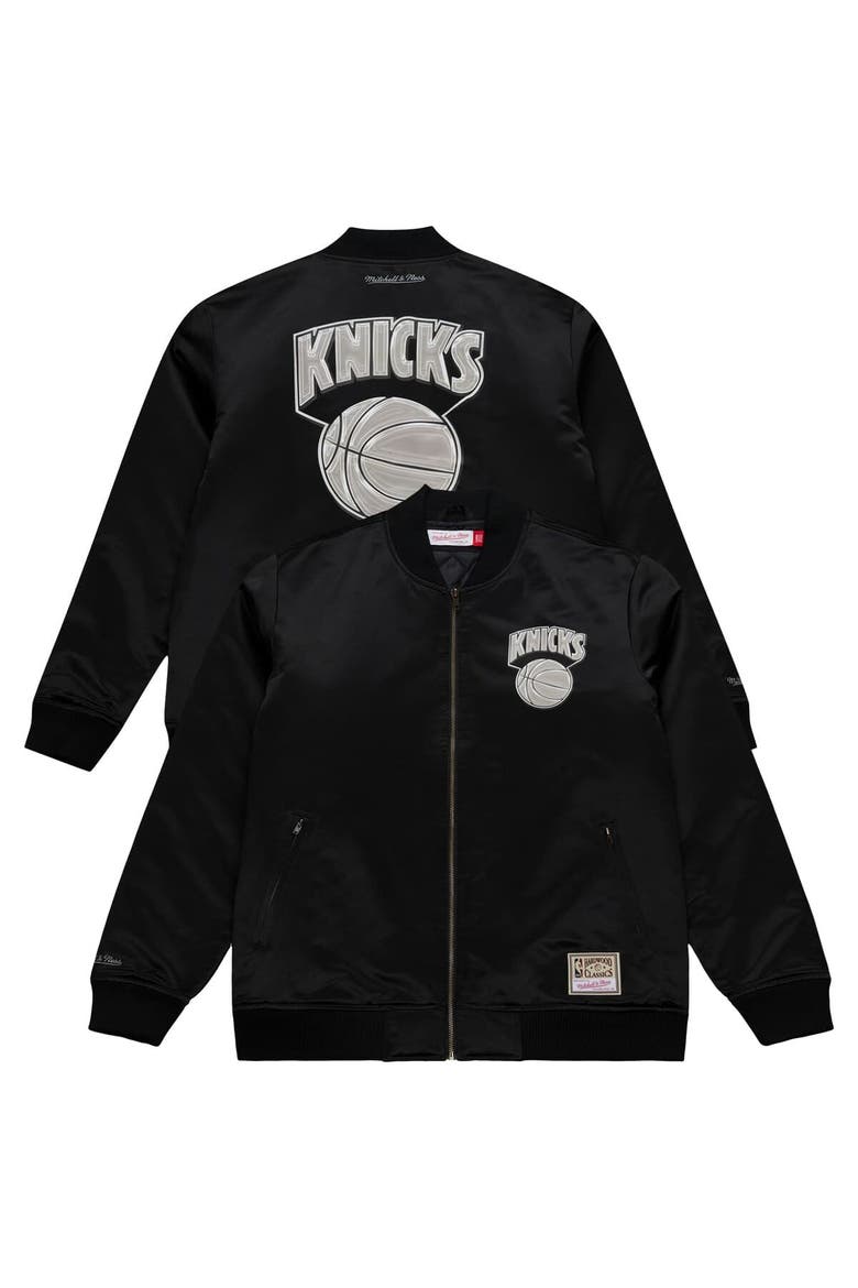 Men's Mitchell & Ness Black New York Knicks Chrome Satin Bomber Full-Zip Jacket, Main, color, Black