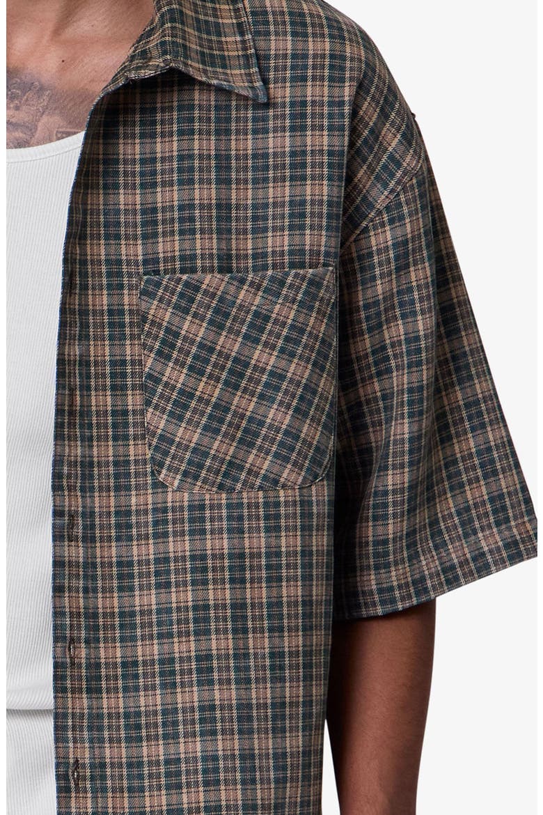 Oversize Crop Plaid Short Sleeve Button-Up Shirt, Alternate, color, GREEN/ BROWN