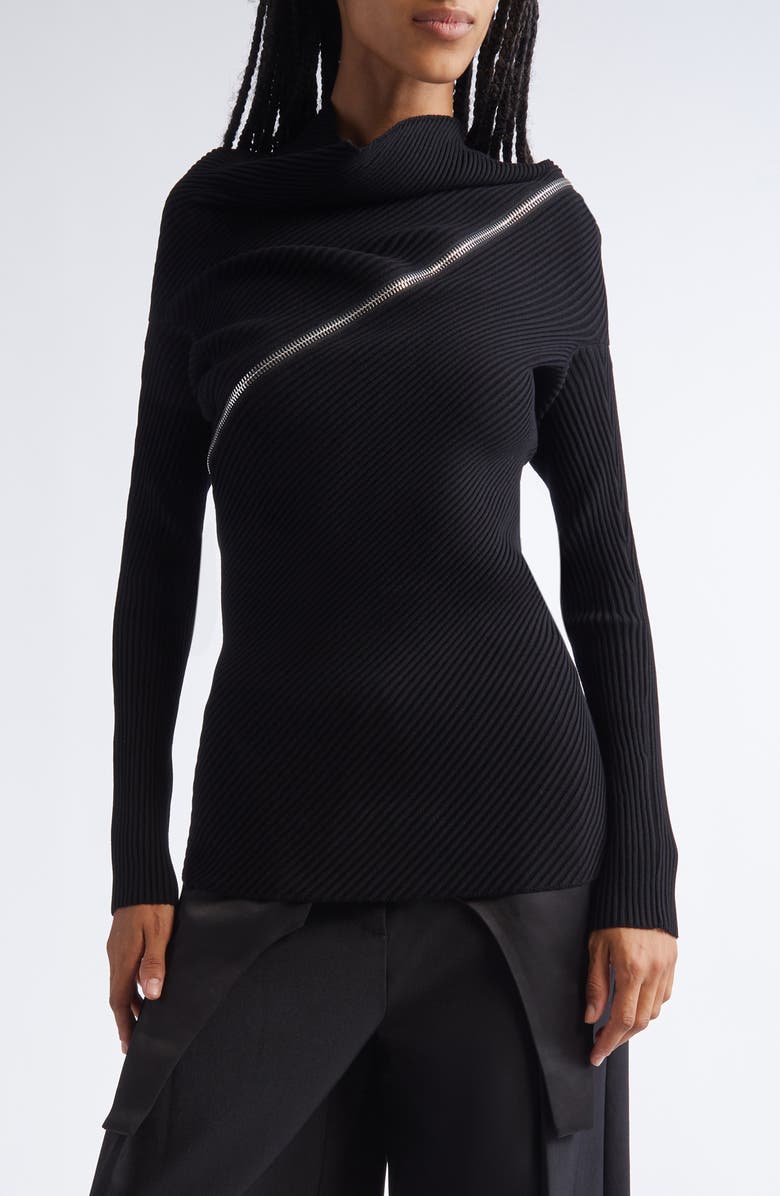 Jean Paul Gaultier Asymmetric Zip Cowl Neck Sweater, Main, color, Black