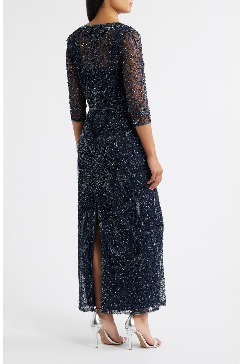 Beaded Sequin Embellished Mesh Column Gown with Jacket, Alternate, color, NAVY