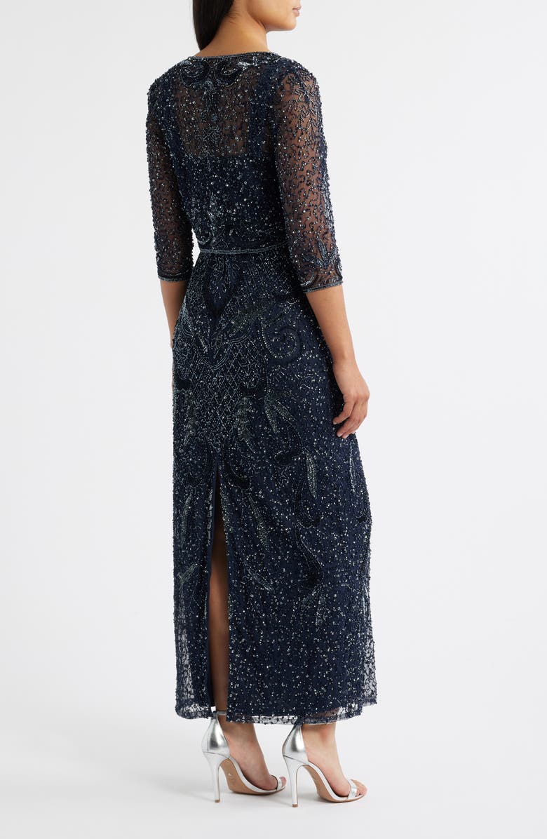 Pisarro Nights Beaded Sequin Embellished Mesh Column Gown with Jacket, Alternate, color, Navy