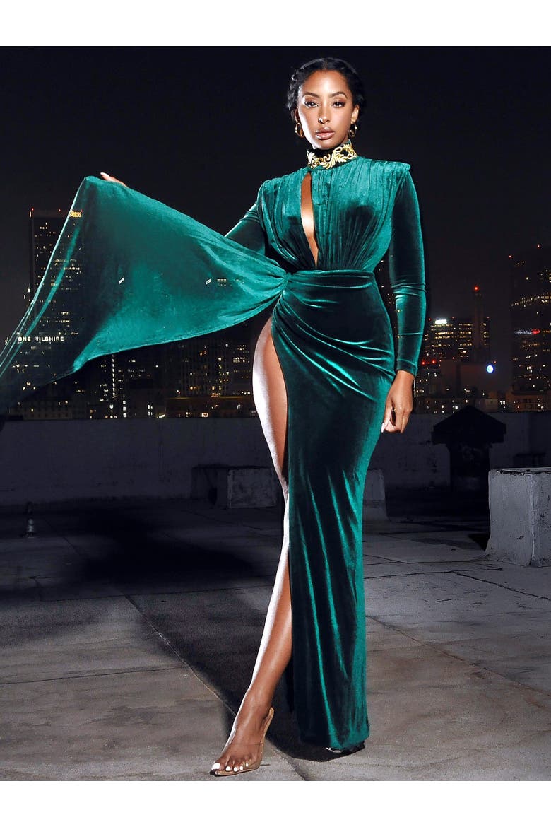Zenaida Plunging Cutout Velvet Dress, Alternate, color, Emerald Green