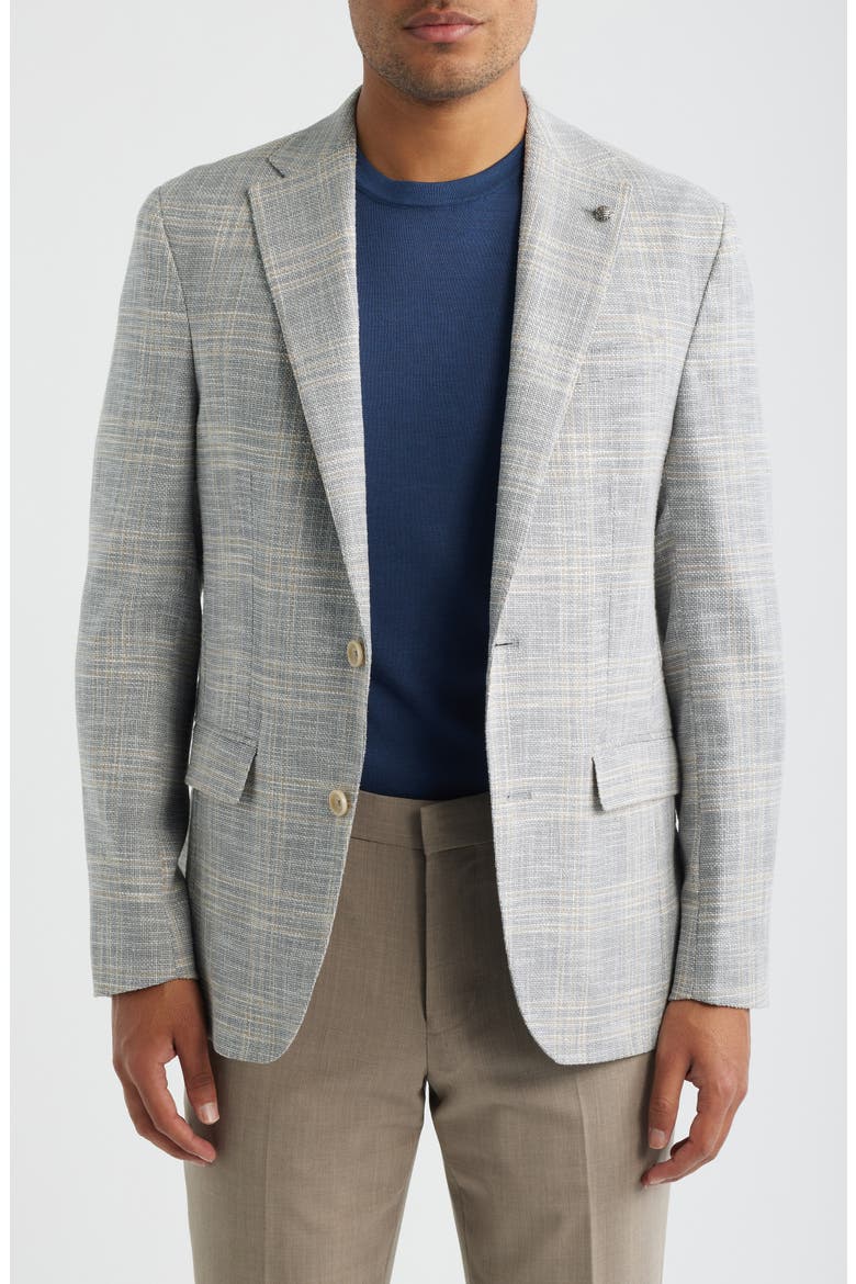 Midland Contemporary Fit Grey Windowpane Check Slub Wool & Silk Blend Sport Coat, Main, color, LIGHT GREY
