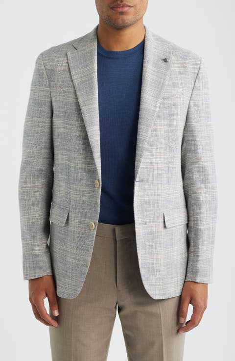Midland Contemporary Fit Grey Windowpane Check Slub Wool & Silk Blend Sport Coat