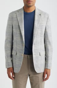 Jack Victor Midland Contemporary Fit Grey Windowpane Check Slub Wool & Silk Blend Sport Coat