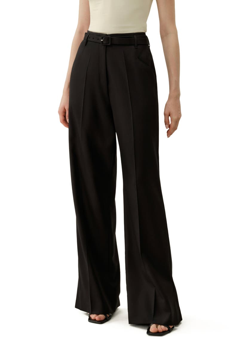 Women's Silk-Wool Blend High-Waisted Wide-Leg Pants, Main, color, Black
