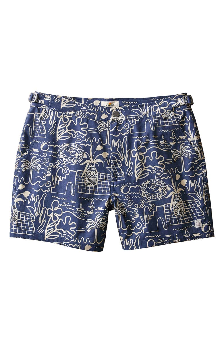 Marine Layer Island Motif Tailored Swim Trunks, Alternate, color, Navy/White Island Motif