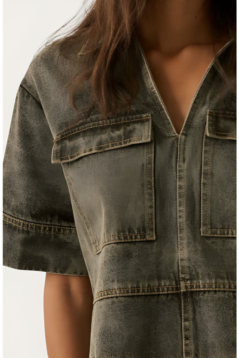 Solid Denim Mini Shirt Dress with Collared V-Neck, Short Sleeves and Chest Flap Pockets, Alternate, color, Washed Black