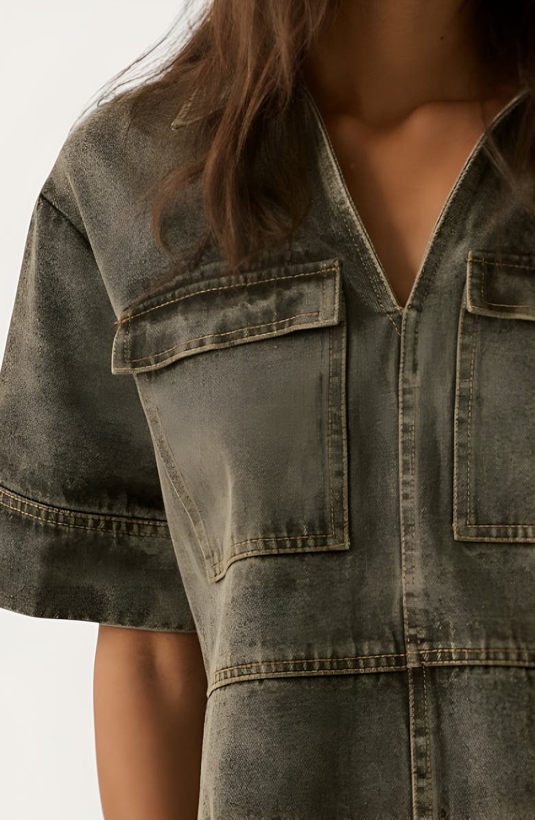 Modenaire Solid Denim Mini Shirt Dress with Collared V-Neck, Short Sleeves and Chest Flap Pockets, Alternate, color,