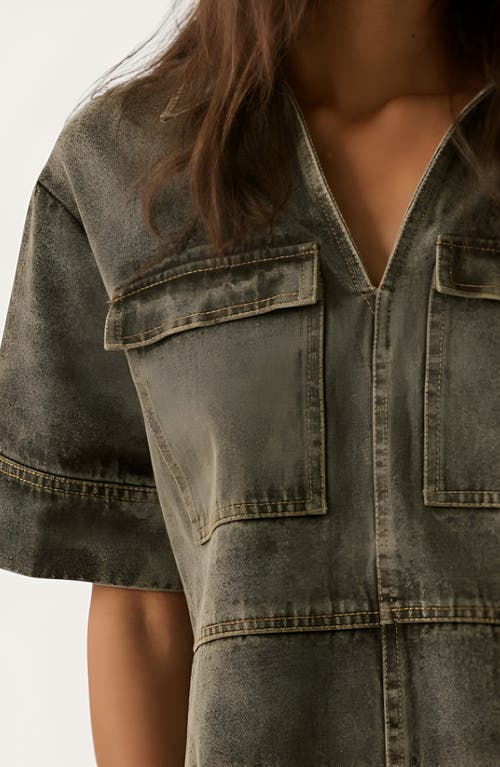 Modenaire Solid Denim Mini Shirt Dress With Collared V-neck, Short Sleeves And Chest Flap Pockets In Black