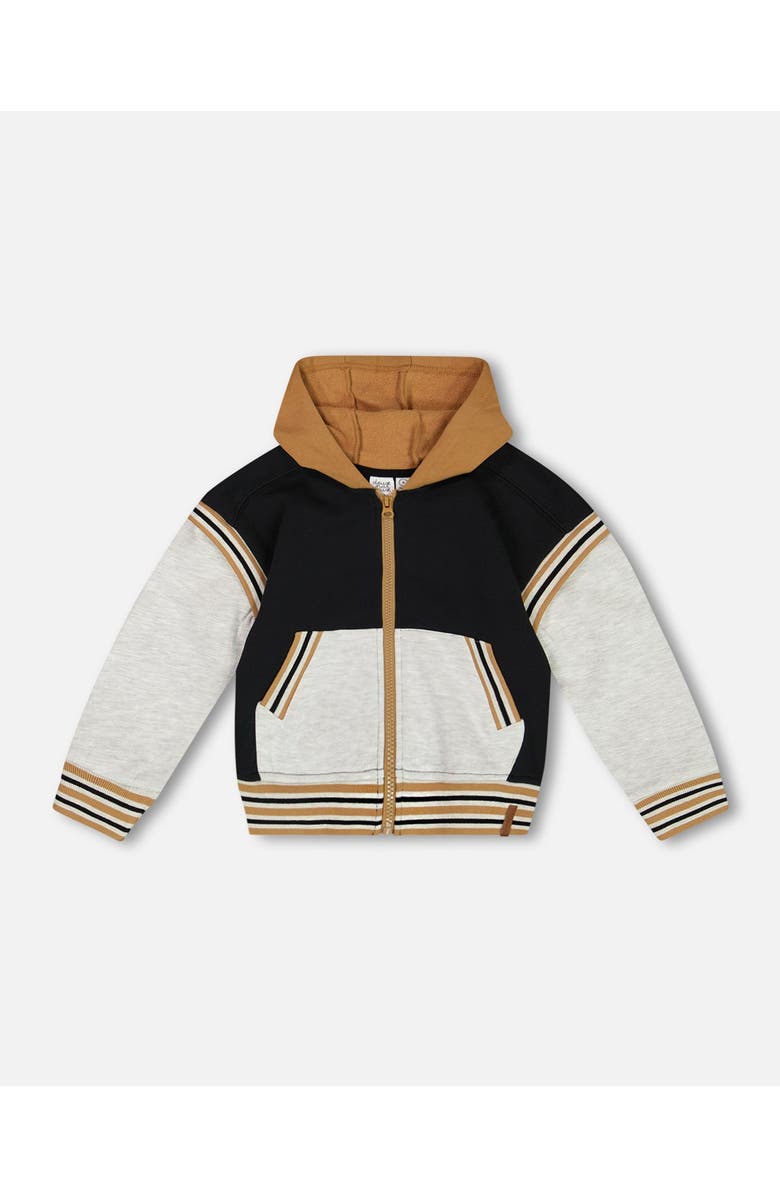 Deux par Deux Little Boy's Full Zip Hooded Fleece Black And Beige, Main, color, 