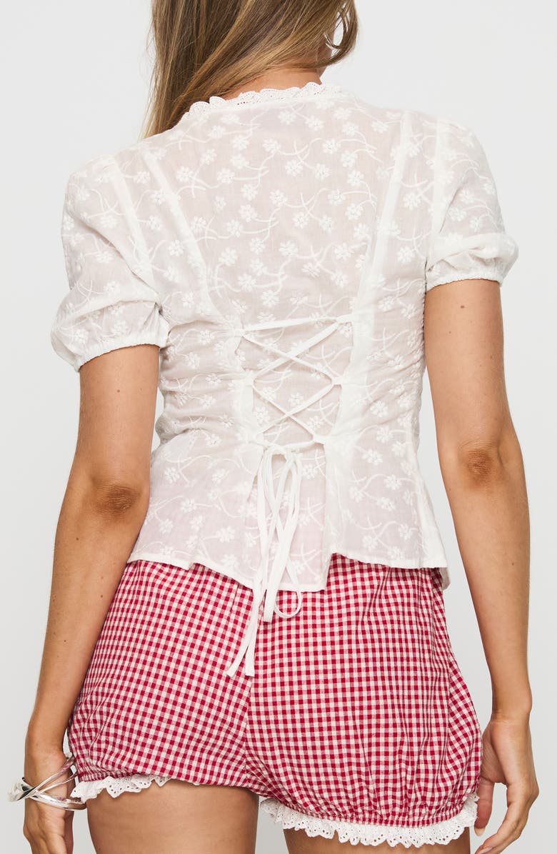 Princess Polly Sez Floral Embroidered Tie Front Laced Back Top, Alternate, color, 