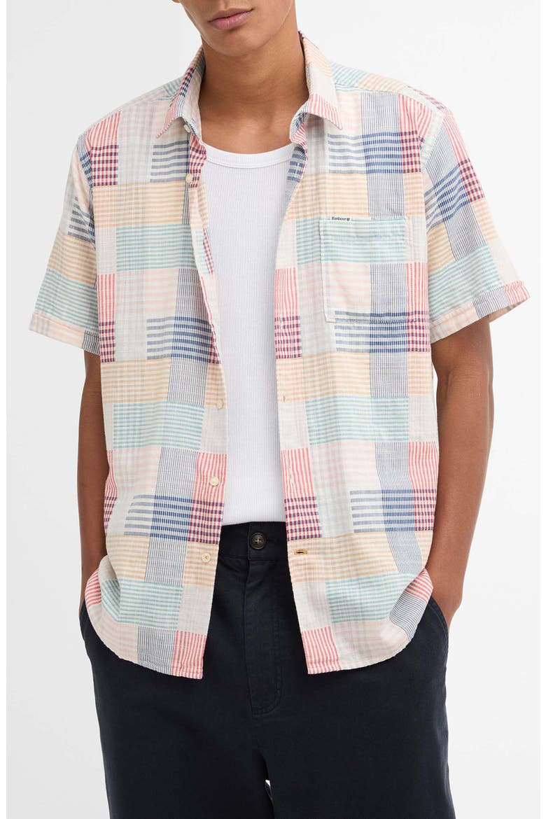 Oakshore Patchwork Print Short Sleeve Slub Cotton Button-Up Shirt, Main, color, RED