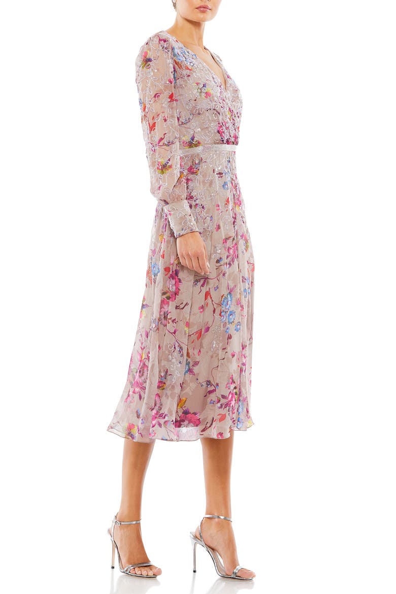 Long Sleeve Embellished Floral Midi Dress, Alternate, color, MAUVE MULTI