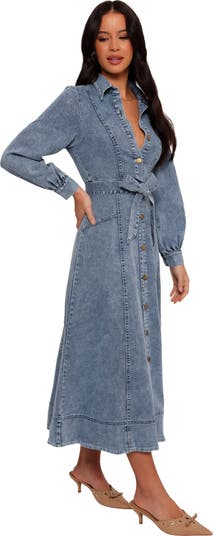 Emberly Tie Belt Three-Quarter Sleeve Stretch Denim Maxi Dress
