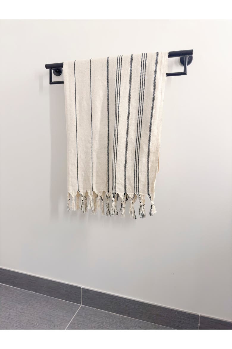 Natural Linen Black Stripe Bath Towel with Knotted Fringe, Alternate, color, black