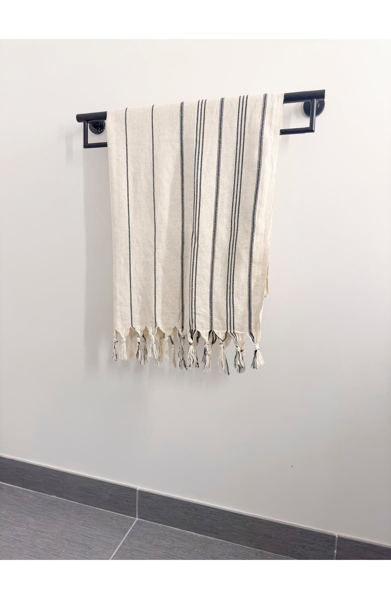 Anaya Natural Linen Black Stripe Bath Towel with Knotted Fringe, Alternate, color, 
