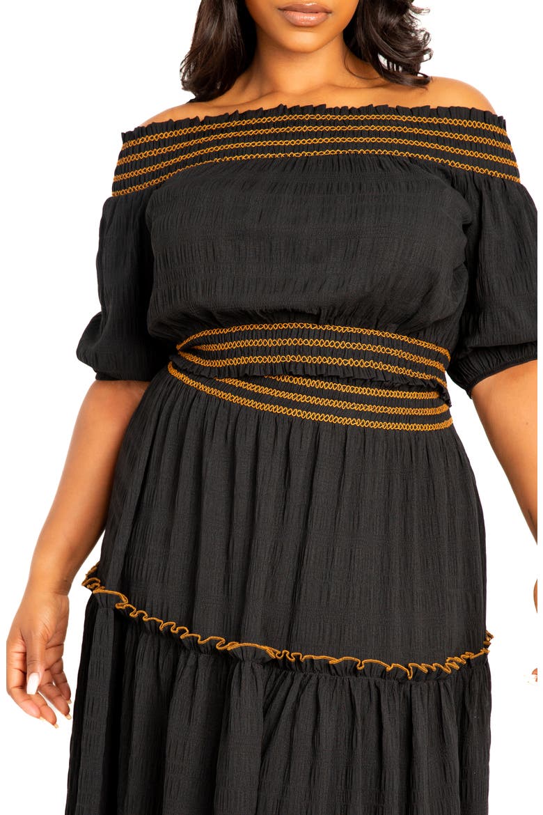 Smocked Off the Shoulder Puff Sleeve Top & Maxi Skirt Set, Alternate, color, BLACK