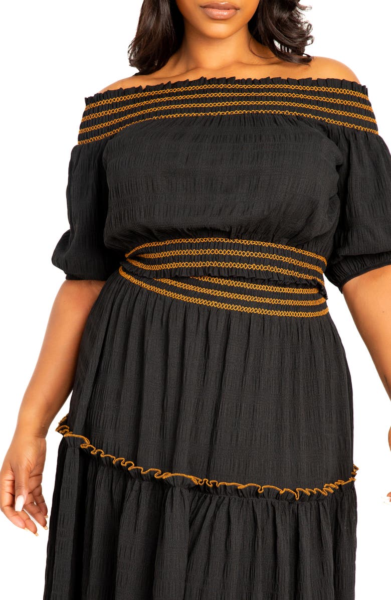 BUXOM COUTURE Smocked Off the Shoulder Puff Sleeve Top & Maxi Skirt Set, Alternate, color, Black