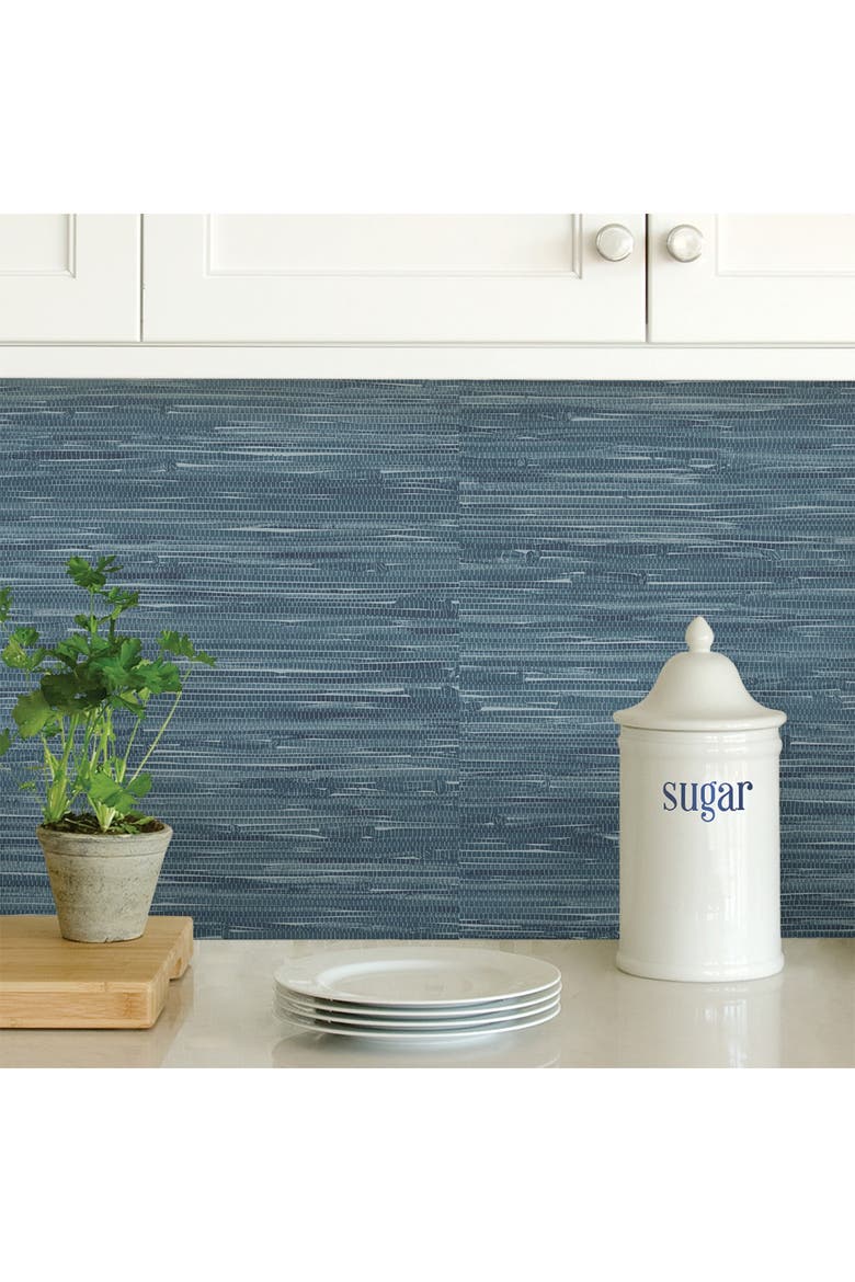 Navy Grassweave Peel & Stick Wallpaper, Alternate, color, BLUE