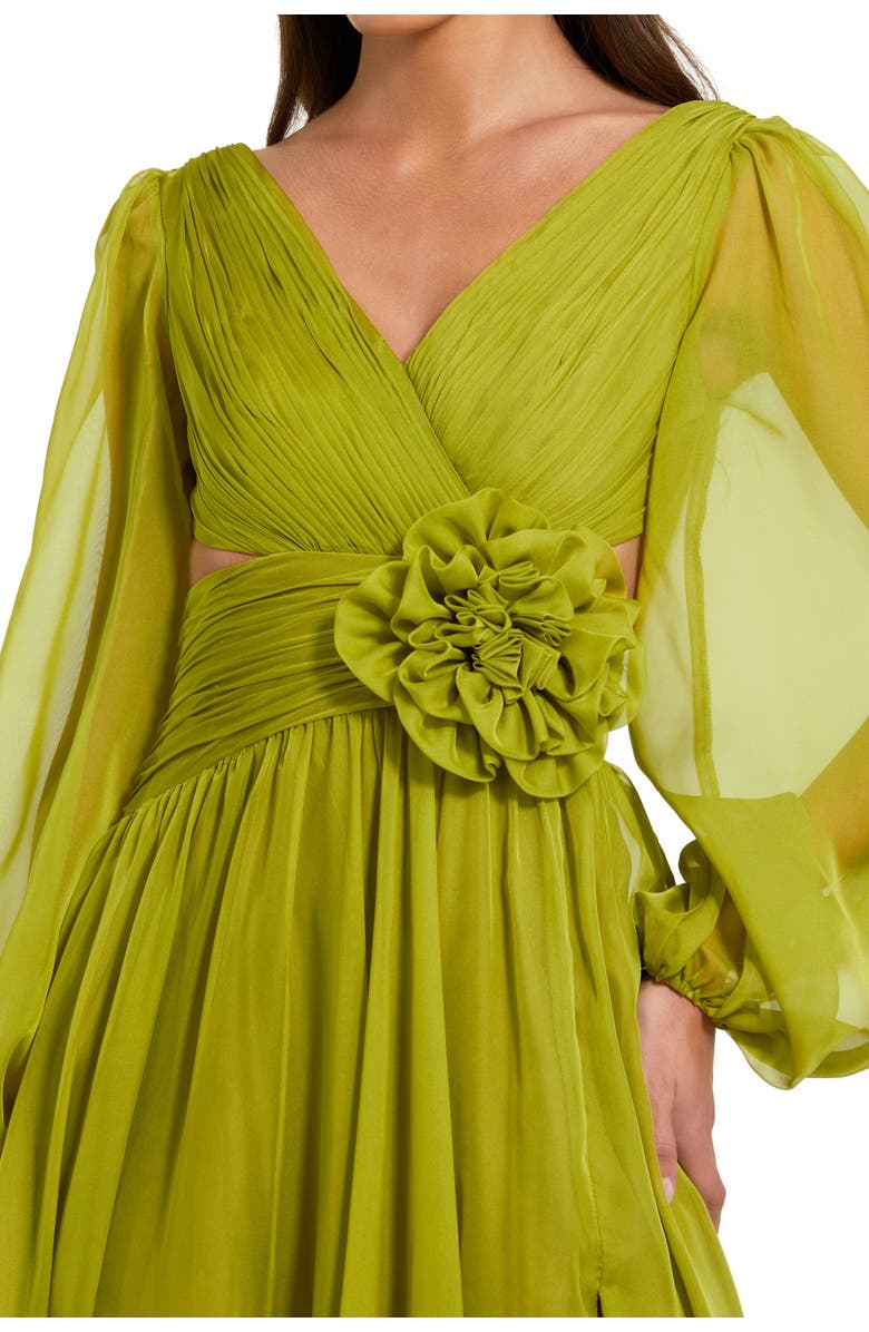 Mac Duggal Long Sleeve V Neck Chiffon Gown With 3D Flower, Alternate, color, Apple Green