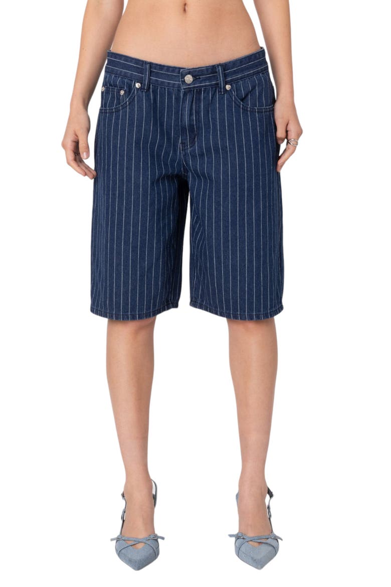 Pinstripe Denim Bermuda Shorts, Main, color, BLUE