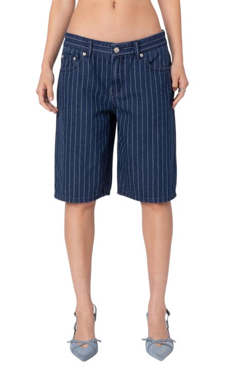 Women Black Denim Hem Pockets Bermuda Shorts