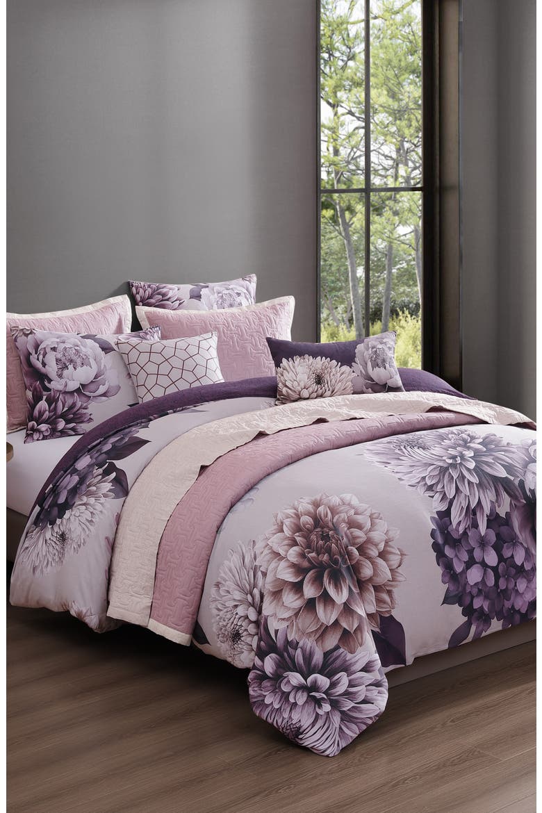 Plum Petal Print 8-Piece Reversible Comforter Set, Main, color, PURPLE