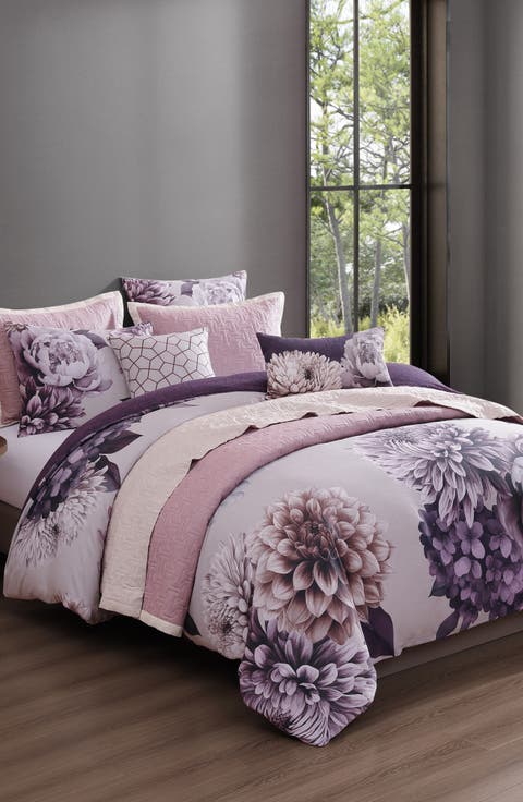 Plum Petal Print 8-Piece Reversible Comforter Set