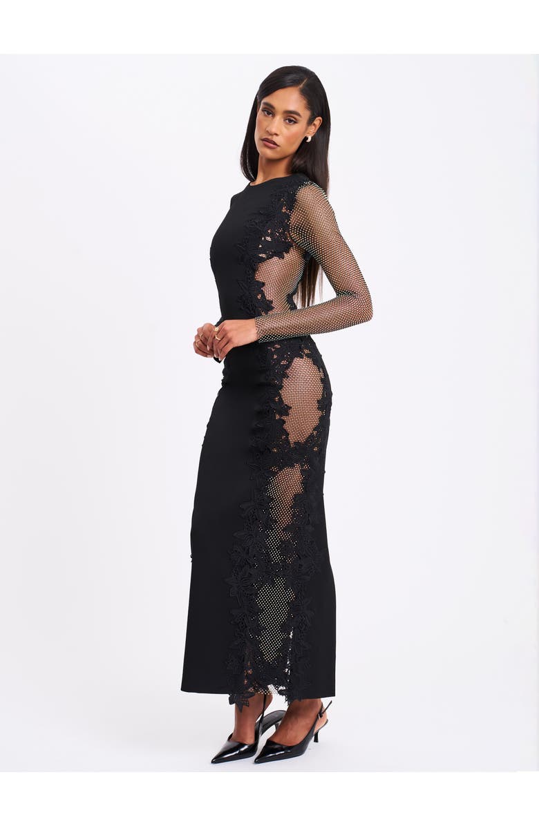Miss Circle Bailey Lace Trim Crystal Net Cutout Long Sleeve Gown, Alternate, color, Black