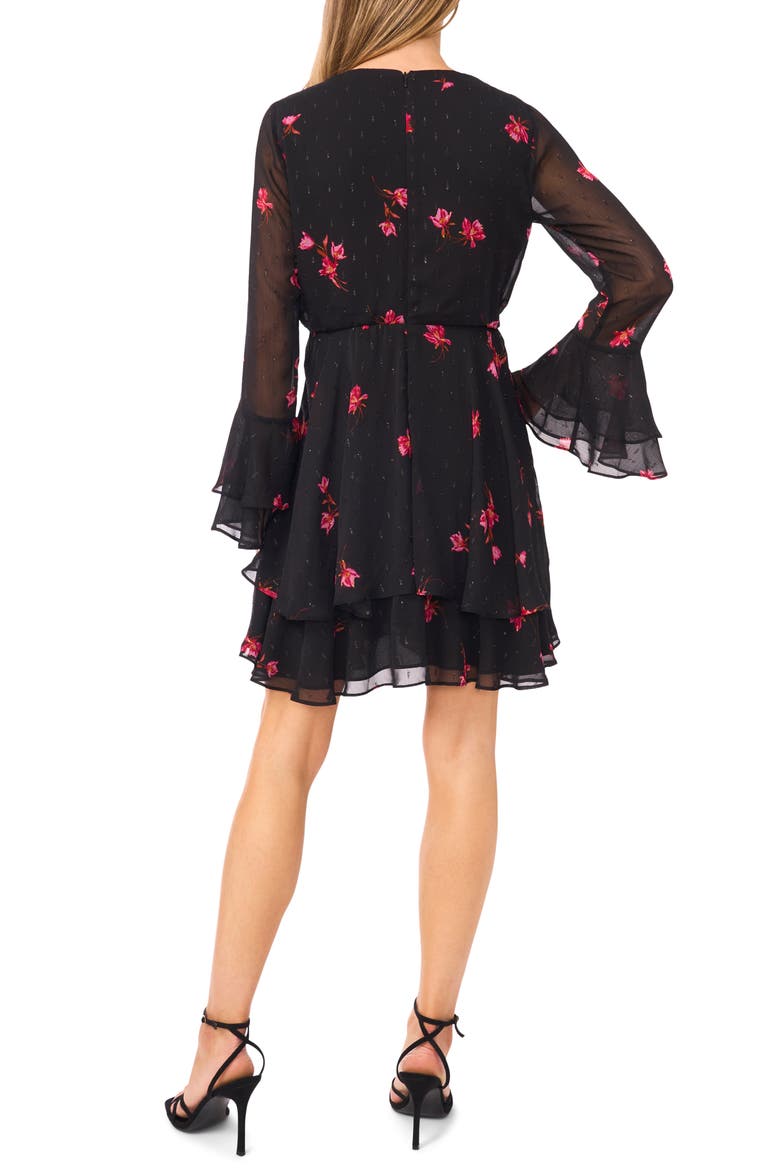 Floral Ruffle Long Sleeve Chiffon Dress, Alternate, color, RICH BLACK