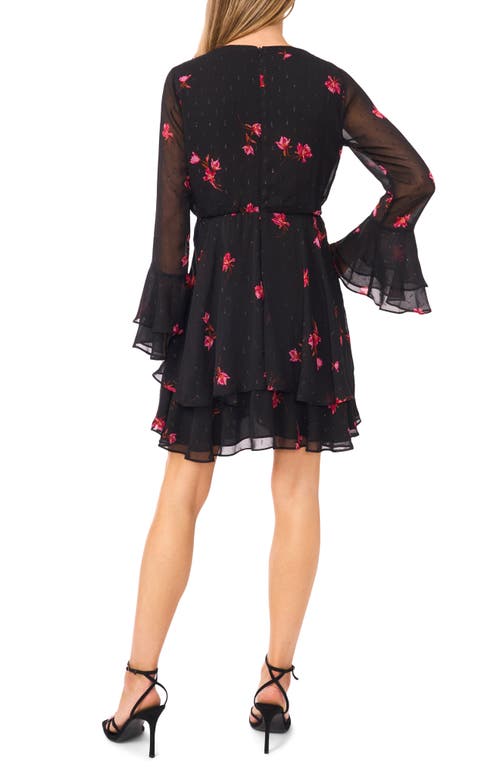 Cece Floral Ruffle Long Sleeve Chiffon Dress In Black