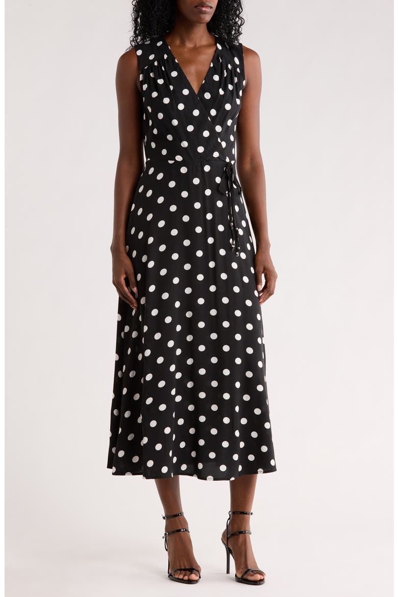 Polka Dot Sleeveless Faux Wrap Maxi Dress, Main, color, BLACK CREAM