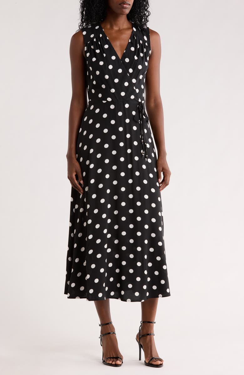 Calvin Klein Polka Dot Sleeveless Faux Wrap Maxi Dress, Main, color, Black Cream