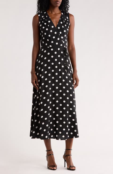 Polka Dot Sleeveless Faux Wrap Maxi Dress