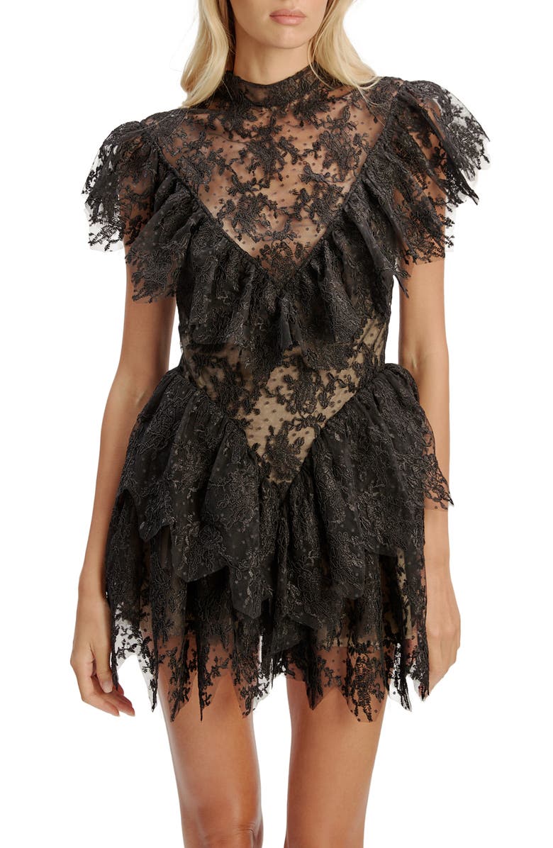 Bardot Tarryn Ruffle Lace Minidress, Alternate, color, Black