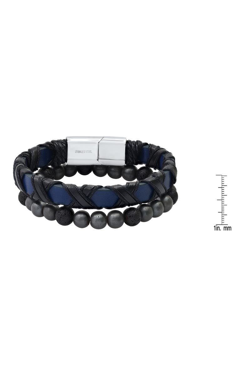 Stainless Steel Wrapped Leather & Lava Rock Beaded Bracelet Set, Alternate, color, SILVER/BLACK/BLUE