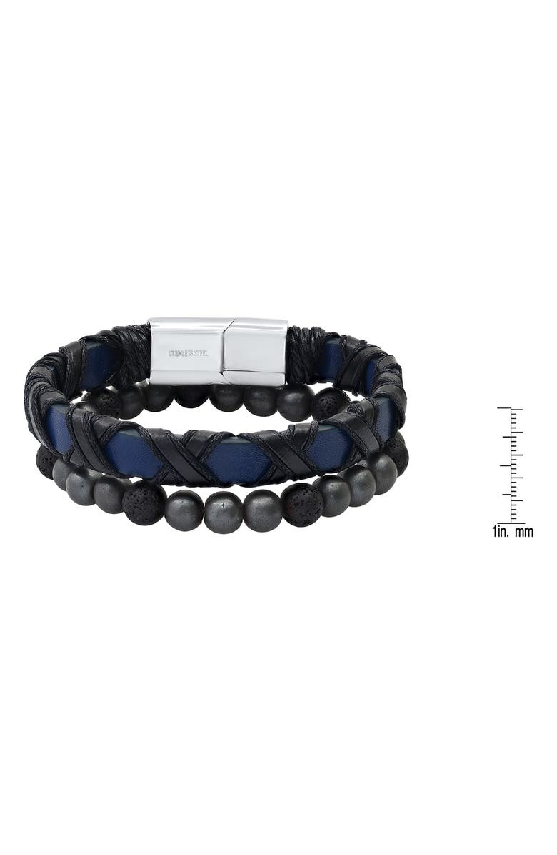 HMY JEWELRY Stainless Steel Wrapped Leather & Lava Rock Beaded Bracelet Set, Alternate, color, Silver/Black/Blue