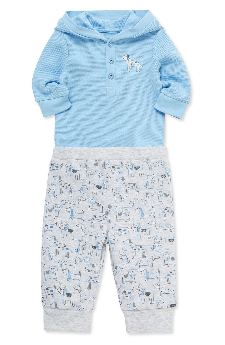 Little Me Hooded Waffle Knit Bodysuit & Pants, Alternate, color, 